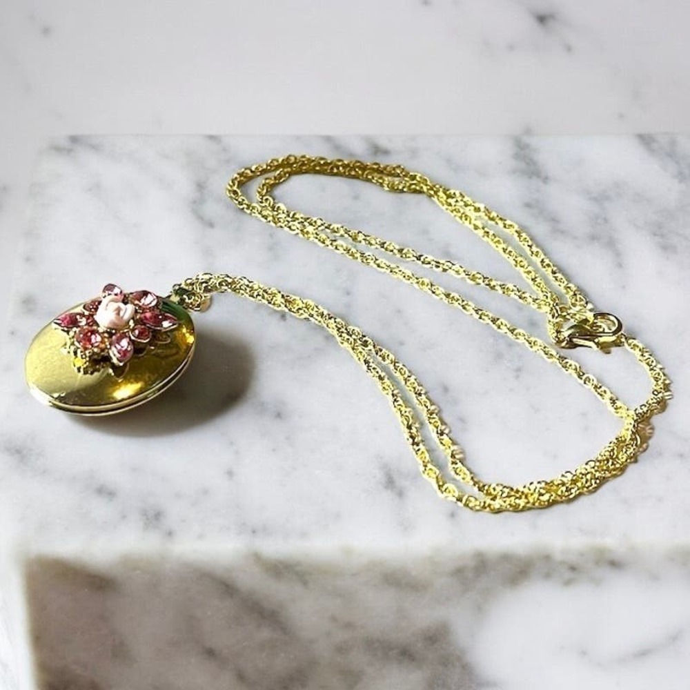 Gold Tone Locket Pink Floral and Glass Gem 24in Chain Necklace Unsigned